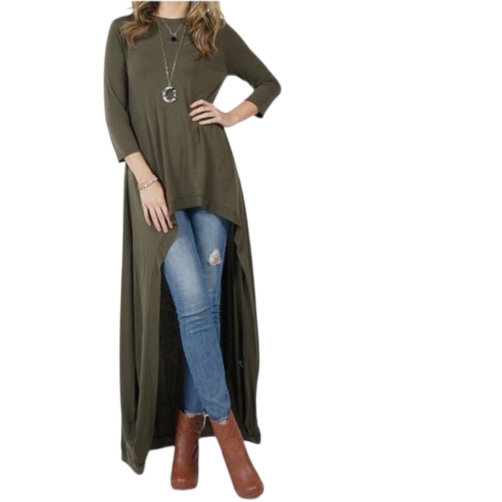 Women’s Y2K Tunic Dramatic Hi-Low Hem Size Medium Olive Green Long Sleeve